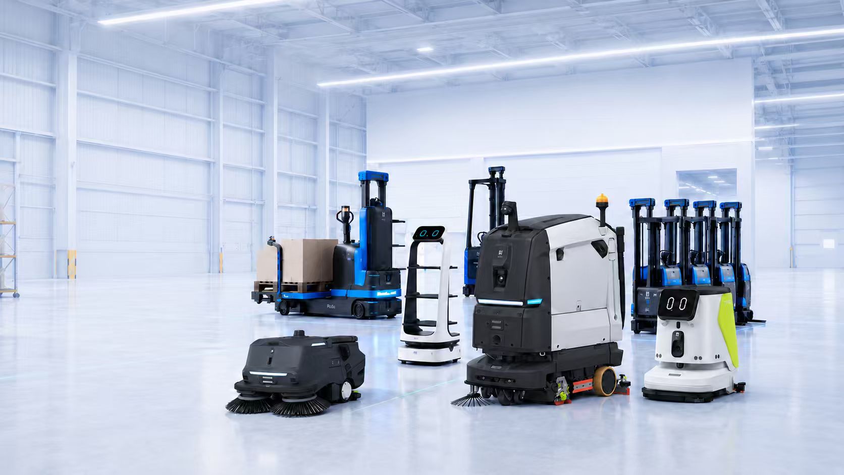 Complete fleet of PUDU commercial robots in a bright modern facility